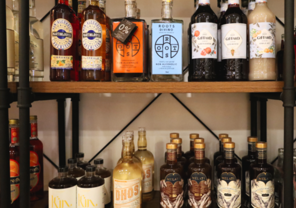 A photo of the shelves at Dray stocked with NA beverages.
